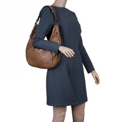 Pre Owned Burberry Brown Leather Check Trim Hobo