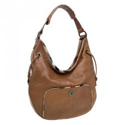 Pre Owned Burberry Brown Leather Check Trim Hobo