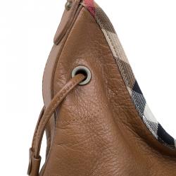 Pre Owned Burberry Brown Leather Check Trim Hobo