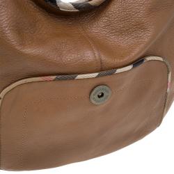 Pre Owned Burberry Brown Leather Check Trim Hobo