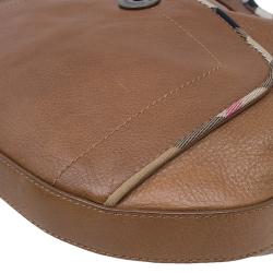 Pre Owned Burberry Brown Leather Check Trim Hobo