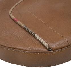 Pre Owned Burberry Brown Leather Check Trim Hobo
