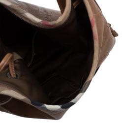 Pre Owned Burberry Brown Leather Check Trim Hobo