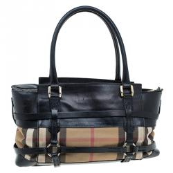 مملوكة مسبقًا Burberry Black Leather Bridle House Check Canvas Satchel