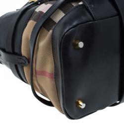 مملوكة مسبقًا Burberry Black Leather Bridle House Check Canvas Satchel