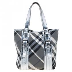 Pre Owned Burberry Silver Beat Check Nylon Victoria Tote