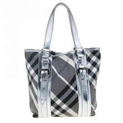 Pre Owned Burberry Silver Beat Check Nylon Victoria Tote