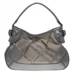 Pre Owned Burberry Grey Canvas Medium Shimmer Check Fairby Hobo