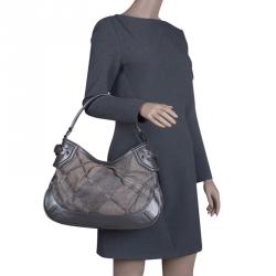 Pre Owned Burberry Grey Canvas Medium Shimmer Check Fairby Hobo