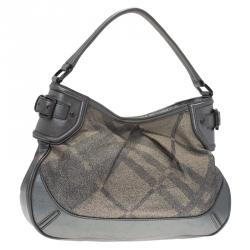 Pre Owned Burberry Grey Canvas Medium Shimmer Check Fairby Hobo