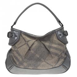 Pre Owned Burberry Grey Canvas Medium Shimmer Check Fairby Hobo