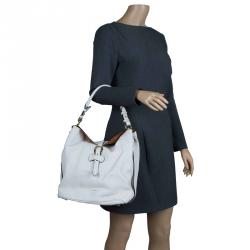 Pre Owned Burberry White Leather Buckle Detail Hobo