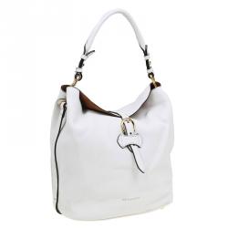 Pre Owned Burberry White Leather Buckle Detail Hobo
