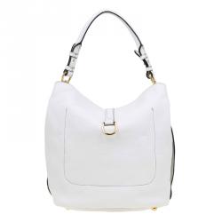 Pre Owned Burberry White Leather Buckle Detail Hobo