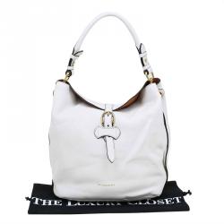Pre Owned Burberry White Leather Buckle Detail Hobo