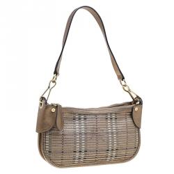 Pre Owned Burberry Bronze Leather Claasic Check Stripes Shoulder Bag
