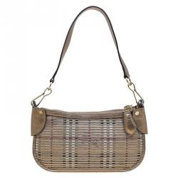 Pre Owned Burberry Bronze Leather Claasic Check Stripes Shoulder Bag