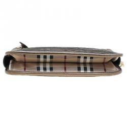 Pre Owned Burberry Bronze Leather Claasic Check Stripes Shoulder Bag
