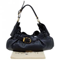 Pre Owned Burberry Black Leather Logo Hobo