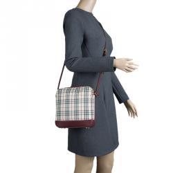 Pre Owned Burberry Burgundy Haymarket Check Canvas Crossbody Bag