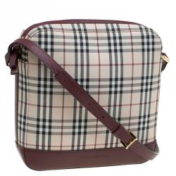 Pre Owned Burberry Burgundy Haymarket Check Canvas Crossbody Bag