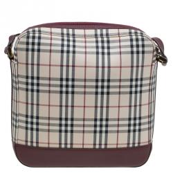 Pre Owned Burberry Burgundy Haymarket Check Canvas Crossbody Bag