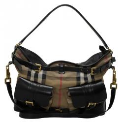 Pre Owned Burberry Black House Check Fabric and Leather Front Pocket Hobo