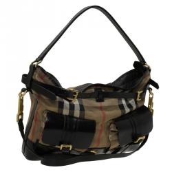 Pre Owned Burberry Black House Check Fabric and Leather Front Pocket Hobo