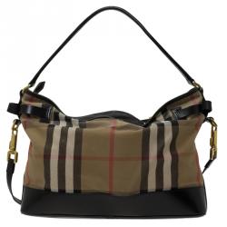 Pre Owned Burberry Black House Check Fabric and Leather Front Pocket Hobo