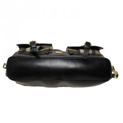 Pre Owned Burberry Black House Check Fabric and Leather Front Pocket Hobo