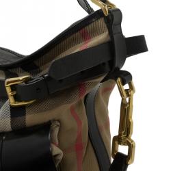 Pre Owned Burberry Black House Check Fabric and Leather Front Pocket Hobo