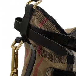 Pre Owned Burberry Black House Check Fabric and Leather Front Pocket Hobo