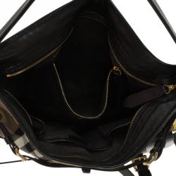 Pre Owned Burberry Black House Check Fabric and Leather Front Pocket Hobo