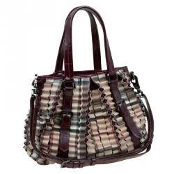 Pre Owned Burberry Burgundy Cartridge Nova Check Lowry Tote