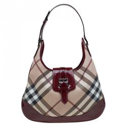 Pre Owned Burberry Beige/Burgundy Nova Check Canvas Brooke Hobo