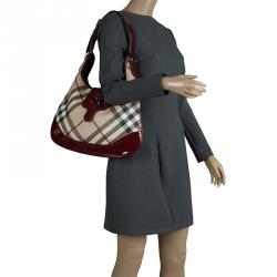 Pre Owned Burberry Beige/Burgundy Nova Check Canvas Brooke Hobo