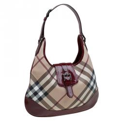 Pre Owned Burberry Beige/Burgundy Nova Check Canvas Brooke Hobo