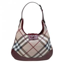 Pre Owned Burberry Beige/Burgundy Nova Check Canvas Brooke Hobo