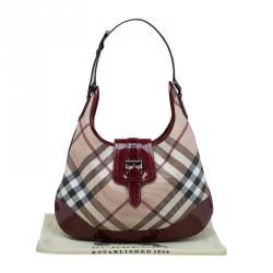 Pre Owned Burberry Beige/Burgundy Nova Check Canvas Brooke Hobo