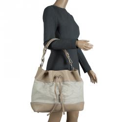 Pre Owned Burberry Beige Leather and Fabric Drawstring Hobo