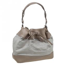 Pre Owned Burberry Beige Leather and Fabric Drawstring Hobo