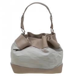 Pre Owned Burberry Beige Leather and Fabric Drawstring Hobo