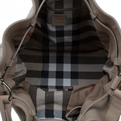 Pre Owned Burberry Beige Leather and Fabric Drawstring Hobo