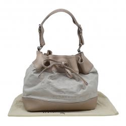 Pre Owned Burberry Beige Leather and Fabric Drawstring Hobo