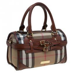 Pre Owned Burberry Brown House Check Leather Bridle Bowling Bag