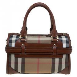 Pre Owned Burberry Brown House Check Leather Bridle Bowling Bag