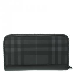 Pre Owned Burberry Black Beat Check Coated Canvas Zip Around Long Wallet