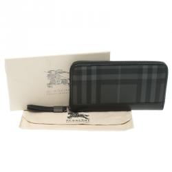 Pre Owned Burberry Black Beat Check Coated Canvas Zip Around Long Wallet