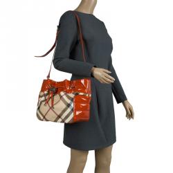 Pre Owned Burberry Red Orange Nova Check Patent Leather Drawstring Hobo