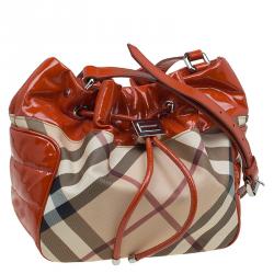 Pre Owned Burberry Red Orange Nova Check Patent Leather Drawstring Hobo